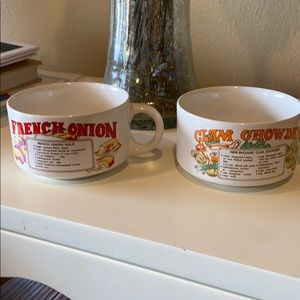TWO vintage soup mugs with recipes printed on them